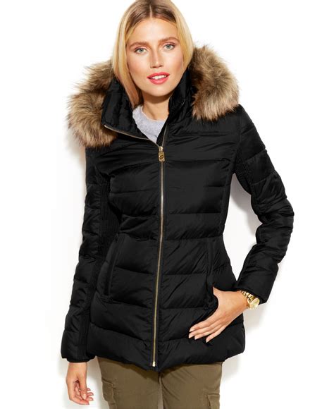 michael kors faux fur trim down puffer coat black|Michael Kors quilted fur coat.